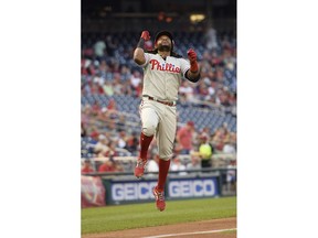Philadelphia Phillies' Maikel Franco celebrates his two-run home run during the first inning of a baseball game against the Washington Nationals, Wednesday, Aug. 22, 2018, in Washington.