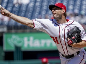 Washington Nationals starting pitcher Max Scherzer pitches during the first inning of a baseball game against the Philadelphia Phillies at Nationals Park, Thursday, Aug. 23, 2018, in Washington.
