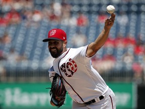 Washington Nationals starting pitcher Gio Gonzalez throws during the first inning of the first baseball game of doubleheader against the Cincinnati Reds at Nationals Park, Saturday, Aug. 4, 2018, in Washington.