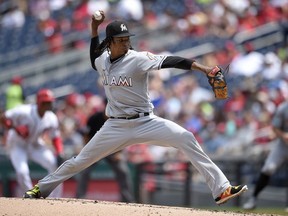 Miami Marlins starting pitcher Jose Urena delivers during the second inning of a baseball game against the Washington Nationals, Sunday, Aug. 19, 2018, in Washington.