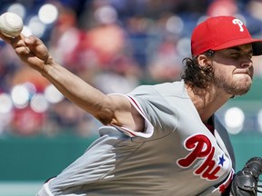 Philadelphia Phillies starting pitcher Aaron Nola (27) pitches in the eighth inning of a baseball game against the Washington Nationals at Nationals Park Thursday, Aug. 23, 2018, in Washington. The Phillies won 2-0.