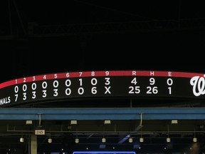 The scoreboard shows the score after a baseball game between the Washington Nationals and the New York Mets at Nationals Park, Tuesday, July 31, 2018, in Washington. The Nationals won 25-4.