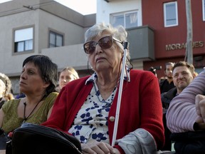In this Nov. 23, 2015 photo, one of the founders of the Grandmothers of the Plaza de Mayo, Maria Isabel "Chicha" Mariani attends a ceremony to pay homage to victims of the last dictatorship in La Plata, Argentina. Mariani died Sunday, Aug. 19, 018, before she could find her granddaughter Clara Anahi Mariani, kidnapped during last dictatorship at three months old.
