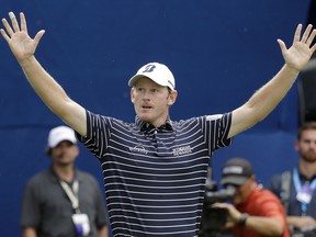 Brandt Snedeker reacts after winning the Wyndham Championship golf tournament at Sedgefield Country Club in Greensboro, N.C., Sunday, Aug. 19, 2018.