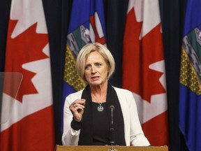 Alberta Premier Rachel Notley speaks at a news conference in Edmonton on Thursday August 30, 2018. Notley says she's pulling the province out of the federal climate change plan.