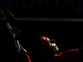 Rafael Nadal, of Spain, serves the ball to Stefanos Tsitsipas, of Greece, during men's finals Rogers Cup tennis tournament action in Toronto on Sunday, August 12, 2018. Nadal won the championship.