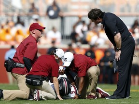 FILE - In this Oct. 14, 2017, file photo, South Carolina head coach Will Muschamp, right, checks on running back Rico Dowdle (5) after he was injured in the first half of an NCAA college football game against Tennessee in Knoxville, Tenn. Player privacy laws currently stand in the way of regular in-depth NCAA football injury reports. Yet a mandated reporting system has been proposed. The Supreme Court's decision to allow the legalization of sports gambling up to the states sparked the idea.
