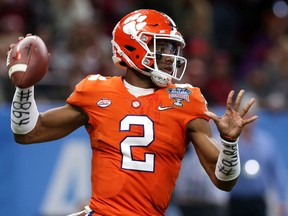 FILE - In this Jan. 1, 2018, file photo, Clemson quarterback Kelly Bryant (2) passes in the first half of the Sugar Bowl NCAA college football bowl game against Alabama, in New Orleans. Veteran Kelly Bryant is Clemson's starting quarterback, holding off promising freshman Trevor Lawrence. The second-ranked Tigers open the season Saturday at home against Furman. The team released its first depth chart Monday, Aug. 27, 2018, with Bryant on top in the closely watched competition.
