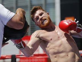 FILE - In this Aug. 28, 2017, file photo, boxer Canelo Alvarez works out as he hosts an open-to-the-public media workout at L.A. LIVE in Los Angeles.  In the quiet calm of Canelo Alvarez's training gym in a suburban office park, the Mexican superstar can escape the bitter emotions and sharp words surrounding his rematch with Gennady Golovkin.