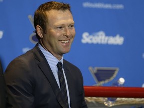 FILE - In this Jan. 29, 2015, file photo, St. Louis Blues' Martin Brodeur takes part in a news conference to announce his retirement as an NHL player, in St. Louis. Brodeur is leaving the Blues after spending the past three years as assistant general manager. The team says Brodeur is departing to pursue other opportunities.