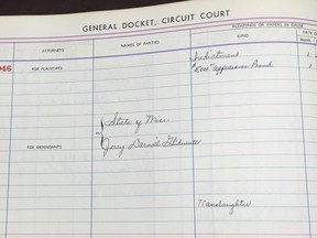 This July 30, 2018, photo shows a court docket with Jerry Darnell Glidewell pleading guilty to manslaughter in January 1960 to the 1959 killing of teenager William Roy Prather in Corinth, Miss. Eight white teens were charged with murder, but only one was convicted. Glidewell, then 16, pleaded guilty to manslaughter and served less than a year in state prison. Six of the seven others in the truck got a year's probation through youth court, and an 18-year-old walked free.