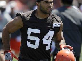 FILE - In this July 26, 2018, file photo, Cleveland Browns' Mychal Kendricks is shown during an NFL football training camp in Berea, Ohio. Federal prosecutors in Philadelphia say Cleveland Browns linebacker Mychal Kendricks used insider trading tips from an acquaintance to make about $1.2 million in illegal profits on four major trading deals. Kendricks says in a statement released by his lawyer Wednesday, Aug. 29, 2018, that he's sorry and "deeply" regrets his actions.