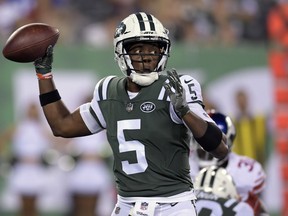 FILE - In this Friday, Aug. 24, 2018 file photo, New York Jets quarterback Teddy Bridgewater (5) passes against the New York Giants during the third quarter of a preseason NFL football game in East Rutherford, N.J. A person familiar with the situation says the New Orleans Saints have agreed to acquire veteran quarterback Teddy Bridgewater from the New York Jets for a draft pick, Wednesday, Aug. 29, 2018.