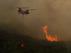 A helicopter carries water while battling the River Fire in Lakeport, Calif., on Tuesday, July 31, 2018.