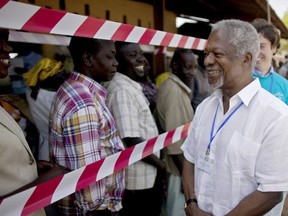 FILE - In this Sunday, Jan. 9, 2011 file photo, former United Nations Secretary-General Kofi Annan, visits a independence referendum polling center in the southern Sudanese city of Juba. Annan left the U.N. far more committed to combating poverty, promoting equality and fighting for human rights _ and until his death Saturday, Aug. 18, 2018, he was speaking out about the turbulent world he saw moving from nations working together to solve problems to growing nationalism.