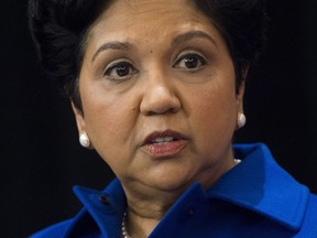 FILE - In this May 16, 2018, file photo, PepsiCo CEO Indra Nooyi meets with Prime Minister Justin Trudeau in New York. The longtime PepsiCo CEO is stepping down and she'll be succeeded by seasoned PepsiCo executive Ramon Laguarta.
