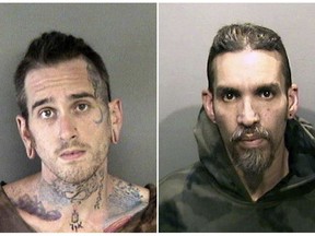 FILE- This combination of file June 2017 booking photos released by the Alameda County Sheriff's Office shows Max Harris, left, and Derick Almena, at Santa Rita Jail in Alameda County, Calif. The two men, who accepted a deal in exchange for each pleading no contest to 36 counts of involuntary manslaughter in a California warehouse fire, will likely be released from prison after serving just half their sentences. A judge on Friday, Aug. 10, 2018, is expected to sentence Almena to nine years in prison and Harris to six years, even though relatives of victims of the 2016 blaze in Oakland slammed the proposed sentences as too lenient. (Alameda County Sheriff's Office via AP, File)
