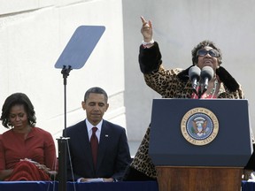 FILE - In this Oct. 16, 2011 file photo, Aretha Franklin sings before President Barack Obama speaks during the dedication of the Martin Luther King Jr. Memorial in Washington.  Franklin died Thursday, Aug. 16, 2018 at her home in Detroit.  She was 76.