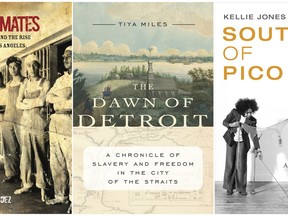 This combination photo of book cover images shows "City of Inmates: Conquest, Rebellion, and the Rise of Human Caging in Los Angeles, 1771-1965," by Kelly Lytle Hernandez, from left, "The Dawn of Detroit: A Chronicle of Slavery and Freedom in the City of the Straits," by Tiya Miles and "South of Pico: African American Artists in Los Angeles in the 1960s and 1970s," by Kellie Jones, which are among this year's American Book Award winners for works reflecting the country's diversity. (University of North Carolina Press, from left, The New Press and Duke University Press via AP)