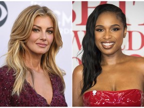 This combination photo shows Faith Hill at the 52nd annual Academy of Country Music Awards in Las Vegas on April 2, 2017, left, and Jennifer Hudson at the Brit Awards 2018 in London on Feb. 21, 2018. Hill and Hudson are part of an all-star lineup expected to perform at Aretha Franklin's funeral next week. (AP Photo)