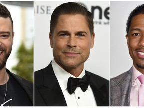 This combination photo shows, from left, actor-singer Justin Timberlake, actor Rob Lowe and comedian-TV host Nick Cannon who are involved in three game shows debuting on Fox. Timberlake co-created and will executive produce "Spin the Wheel." Lowe will host "Mental Samurai," where contestants compete while being transported at high speeds in a capsule. Cannon will preside over "The Masked Singer," where masked celebrities perform and a celebrity panel attempts to identify them. (AP Photo)