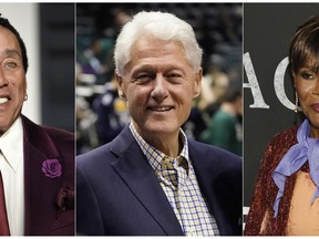 This combination photo shows Smokey Robinson at the Vanity Fair Oscar Party in Beverly Hills, Calif., on Feb. 26, 2017, from left, President Bill Clinton at Game 6 of the NBA basketball first-round playoff series between the Milwaukee Bucks and the Boston Celtics in Milwaukee on April 26, 2018 and Cicely Tyson at the premiere of the film "Last Flag Flying" in Los Angeles on Nov. 1, 2017. Robinson, Clinton and Tyson are scheduled to speak at the funeral of soul music great Aretha Franklin, 76, who died of pancreatic cancer on Aug. 16. (AP Photo)