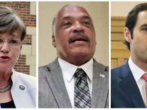 FILE - This combination of file photos shows Kansas Democratic gubernatorial candidates who will square off in a debate Wednesday night, July 11, 2018, in Wichita, Kan. From left, are: Kansas state Sen. Laura Kelly, D-Topeka; former Wichita Mayor Carl Brewer; and former state Agriculture secretary Joshua Svaty. Kansas Democrats are riding an eight-year losing streak in statewide elections, and there's pressure to break it. That pressure has intensified a debate within the party over how to pull more votes from Republican-leaning rural areas to help win the governor's race this year.