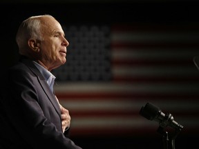 FILE - In this Oct. 11, 2008, file photo, Republican presidential candidate Sen. John McCain, R-Ariz., speaks at a rally in Davenport, Iowa. Arizona Sen. McCain, the war hero who became the GOP's standard-bearer in the 2008 election, has died. He was 81. His office says McCain died Saturday, Aug. 25, 2018. He had battled brain cancer.