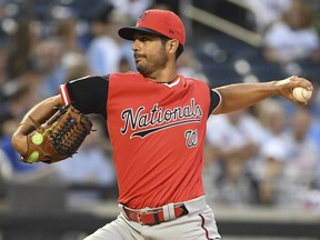 Washington Nationals starting pitcher Gio Gonzalez delivers against the against the New York Mets during the first inning of a baseball game Friday, Aug. 24, 2018, in New York.