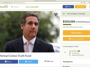 This screen shot shows the GoFundMe page for Michael Cohen, the former lawyer for Donald Trump. The page, created by Cohen's lawyer Lanny Davis, is asking the public for help paying for Cohen's legal defense, and one anonymous donor already has ponied up $50,000. (AP Photo/Richard Drew)