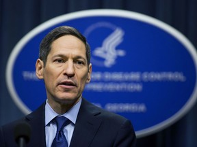 FILE - In this April 1, 2016, file photo, Centers for Disease Control and Prevention Director Dr. Thomas Frieden speaks during a news conference in Atlanta. The New York Police Department says Frieden, who also is a former New York City health commissioner, was arrested on Friday morning in Brooklyn on a sex abuse charge.