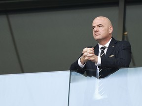 FILE - In this Saturday, June 23, 2018, file photo, FIFA President Gianni Infantino attends the group G match between Belgium and Tunisia at the 2018 soccer World Cup in the Spartak Stadium in Moscow, Russia. In two years as FIFA president, Infantino has been accused of violating governance rules and forcing out officials who threatened his position.