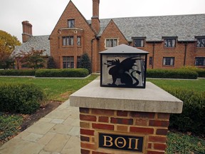 FILE - This Nov. 9, 2017, file photo shows the shuttered Beta Theta Pi fraternity house on Penn State University's main campus in State College, Pa. Former members of the fraternity are due in court for a preliminary hearing on charges related to the February 2017 death of a pledge after a night of hazing and drinking. The hearing Tuesday, Aug. 21, 2018, before a district judge will determine if there's enough evidence to send charges against several of the defendants in the case to county court for trial. The charges relate to the death of 19-year-old Tim Piazza, of Lebanon, New Jersey.