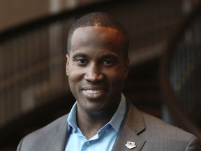 FILE - In this Monday, July 16, 2018, file photo, Republican U.S. Senate candidate John E. James is seen during a campaign stop in Sterling Heights, Mich. Michigan Republicans' uphill bid to grab hold of a U.S. Senate seat for just the second time in 40 years starts with an increasingly testy primary between two Detroit-area businessmen who are trading barbs over Donald Trump and their own business records. James or Sandy Pensler, will advance to face third-term Sen. Debbie Stabenow.