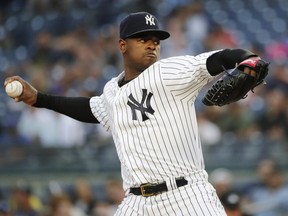New York Yankees' Luis Severino delivers a pitch during the first inning of a baseball game against the New York Mets Monday, Aug. 13, 2018, in New York.