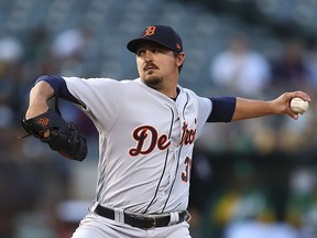 Detroit Tigers pitcher Blaine Hardy works against the Oakland Athletics during the first inning of a baseball game Friday, Aug. 3, 2018, in Oakland, Calif.