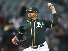 Oakland Athletics pitcher Brett Anderson works against the Texas Rangers in the first inning of a baseball game Tuesday, Aug. 21, 2018, in Oakland, Calif.