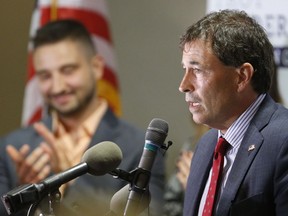 Troy Balderson, Republican candidate for Ohio's 12th Congressional District, speaks to a crowd of supporters during an election night party Tuesday, Aug. 7, 2018, in Newark, Ohio.