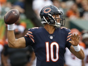 Chicago Bears quarterback Mitchell Trubisky throws during the first half of the team's NFL preseason football game against the Cincinnati Bengals, Thursday, Aug. 9, 2018, in Cincinnati.