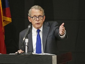 FILE – In this Aug. 2, 2017, file photo, Ohio Attorney General and former U.S. Sen. Mike DeWine discusses the opioid epidemic while speaking at the Columbus Police Academy in Columbus, Ohio. Emails released by DeWine's office show Ohio Bureau of Criminal Investigation agents and supervisors raised concerns about expired body armor for more than a year before a union grievance was filed May 3, 2018.