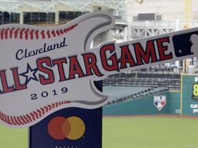 The new logo for the 2019 All-Star Game is displayed, Tuesday, Aug. 7, 2018, in Cleveland. Indians took the rock 'n' roll route with a logo for the 2019 All-Star Game that won't offend anyone. The Indians are hosting the event for the sixth time, and next year's game coincides with the 25th anniversary of Progressive Field.