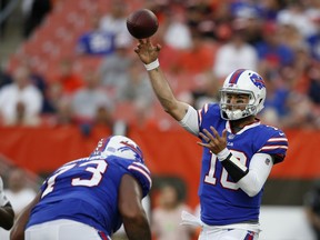 Buffalo Bills quarterback AJ McCarron throws during the first half of the team's NFL football preseason game against the Cleveland Browns, Friday, Aug. 17, 2018, in Cleveland.