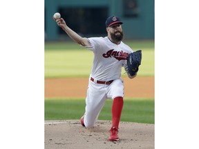 Cleveland Indians starting pitcher Corey Kluber delivers in the first inning of a baseball game against the Los Angeles Angels, Saturday, Aug. 4, 2018, in Cleveland.