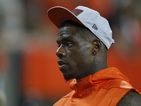 Cleveland Browns wide receiver Josh Gordon watches from the sideline during the first half of the team's NFL preseason football game against the Philadelphia Eagles, Thursday, Aug. 23, 2018, in Cleveland.