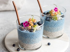 Rising on the food-trend horizon is a natural algae protein called phycocyanin. A pigment derived from spirulina, a microalgae, it is the colour of a cobalt sea and often used in smoothies, healthy bowls or chia puddings, like this one created by health food blogger Jessica Hoffman on her page Choosing Chia.
