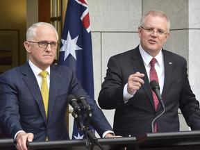 Australia's Treasurer Scott Morrison, right, beside Prime Minister Malcolm Turnbull at a press conference on Aug. 22. Morrison was on Aug. 24 picked as Australia's new prime minister after a Liberal party coup.
