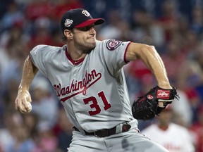 Washington Nationals starting pitcher Max Scherzer throws during the second inning of a baseball game against the Philadelphia Phillies, Tuesday, Aug. 28, 2018, in Philadelphia.