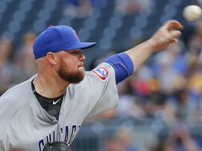Chicago Cubs starting pitcher Jon Lester throws to a Pittsburgh Pirates batter during the first inning of a baseball game Thursday, Aug. 16, 2018, in Pittsburgh.