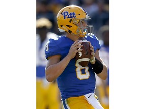 FILE - In this Oct. 14, 2017, file photo, Pittsburgh quarterback Kenny Pickett (8) plays in an NCAA football game against North Carolina State in Pittsburgh. Pittsburgh head coach Pat Narduzzi says sophomore quarterback Kenny Pickett doesn't have to think he's "Kenny Perfect." Either way, Pickett will be the focal point for Pitt when the Panthers open the 2018 season on Saturday against Albany.