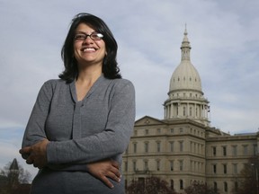 FILE - In this Nov. 6, 2008 file photo, Rashida Tlaib, a Democrat, is photographed outside the Michigan Capitol in Lansing, Mich. The Michigan primary victory of Tlaib, who is expected to become the first Muslim woman and Palestinian-American to serve in the U.S. Congress, is rippling across the Middle East. In the West Bank village where Tlaib's mother was born, residents are greeting the news with a mixture of pride and hope that she will take on a U.S. administration widely seen as hostile to the Palestinian cause.